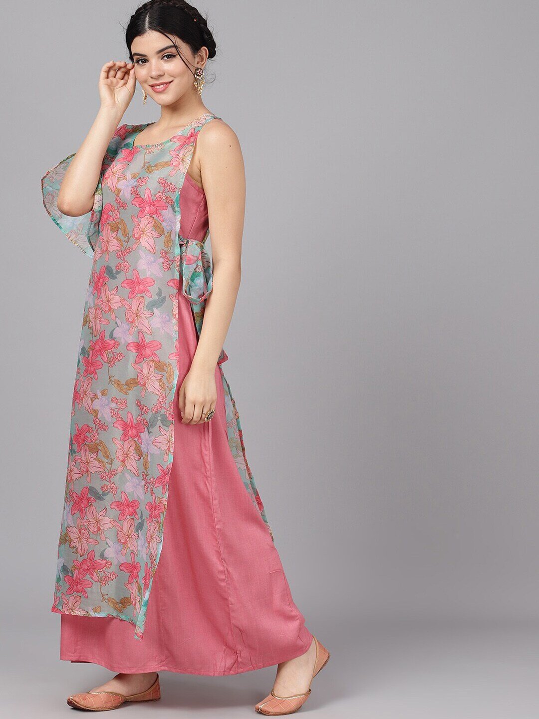 Women's  Pink Floral Print Layered Maxi Dress