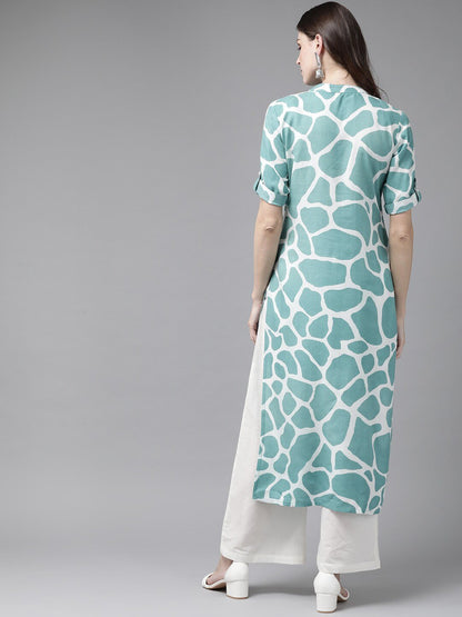 Women's  Blue & White Giraffe Print Straight Kurta