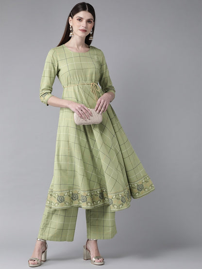 Women's  Green & Golden Checked A-Line Kurta