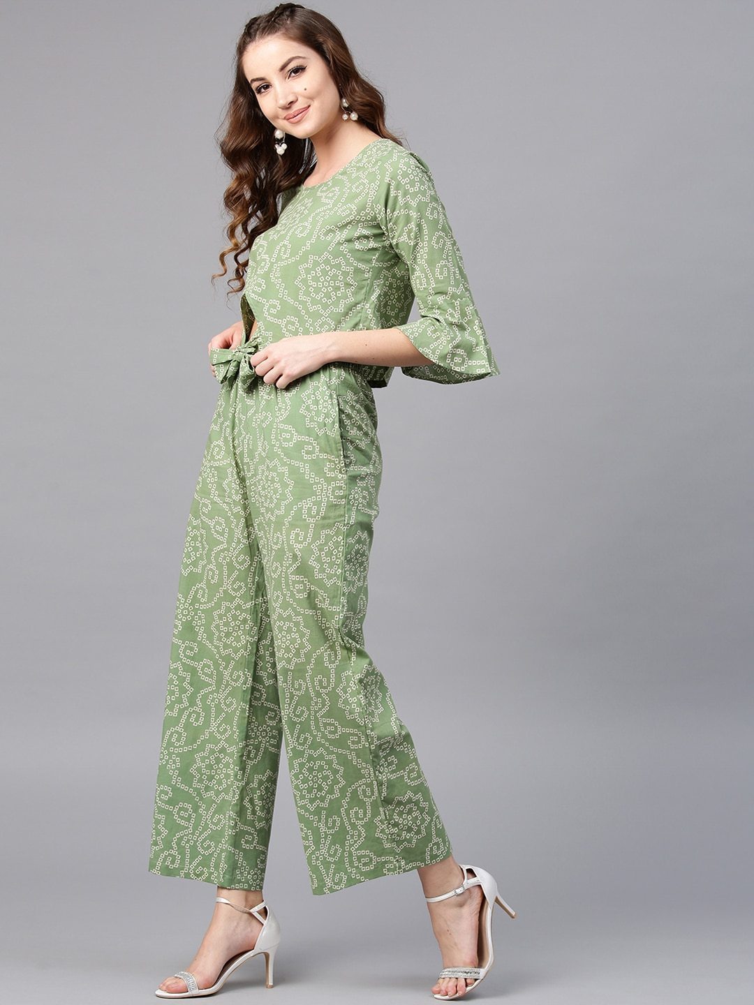 Women's  Green & White Printed Top with Palazzos