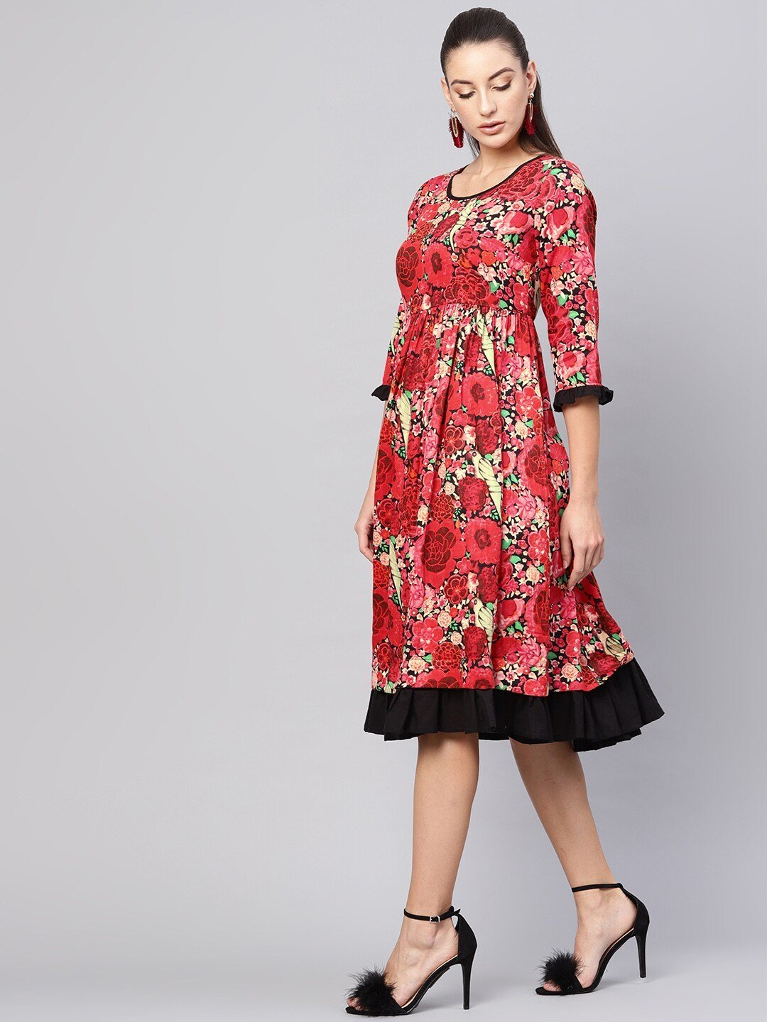 Women's  Red & Black Floral Print Midi A-Line Dress