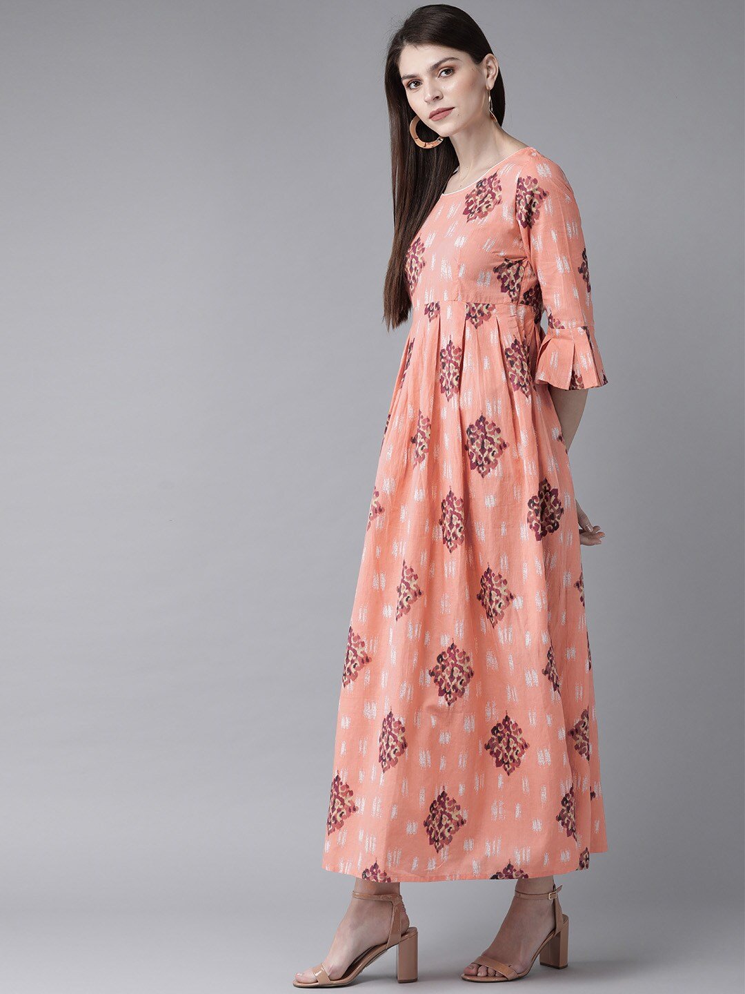 Women's  Peach-Coloured & Purple Printed Maxi Dress