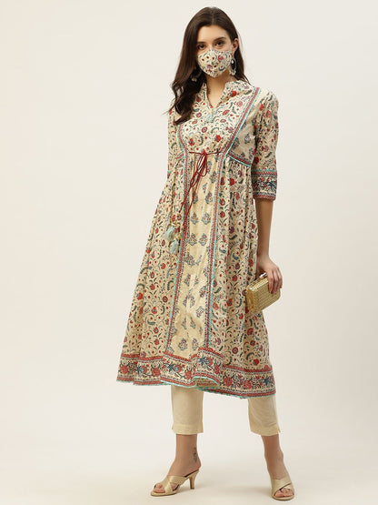 Women's Floral Printed Panelled Kurta With Mask