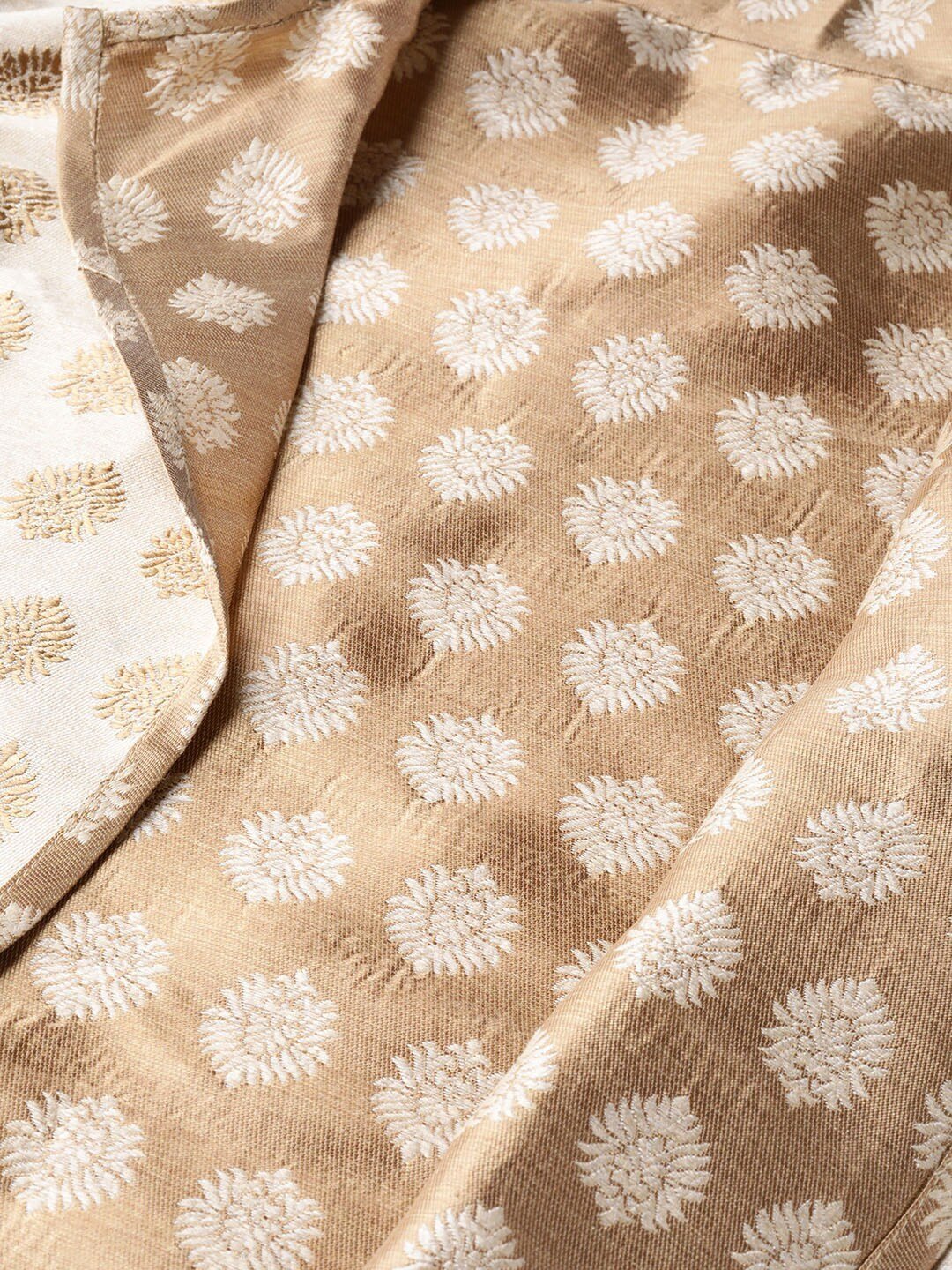 Women's  Off-White & Golden Woven Design Brocade Reversible Longline Open Front Ethnic Jacket