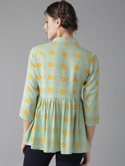Women's  Green & Mustard Yellow Floral Printed Tunic