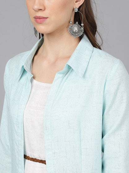 Women's  Turquoise Blue Solid Longline Open Front Jacket