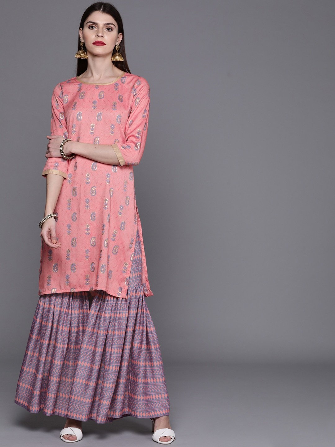 Women's  Pink & Blue Screen Print Kurta with Sharara