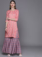 Women's  Pink & Blue Screen Print Kurta with Sharara