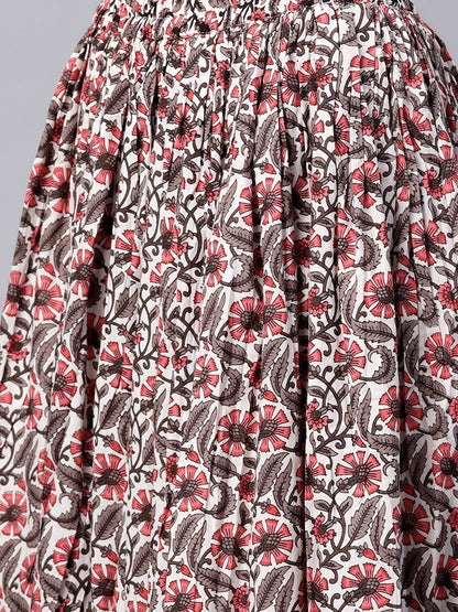 Women's  Off-White & Pink Printed Kurta with Skirt & Dupatta