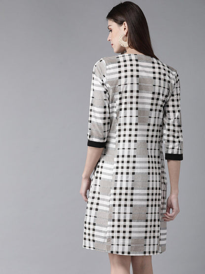 Women's  White & Black Checked Layered A-Line Dress
