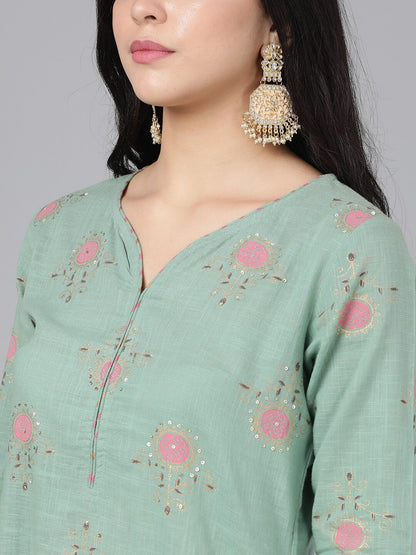 Women's  Green & Pink Printed Kurta with Palazzos & Dupatta