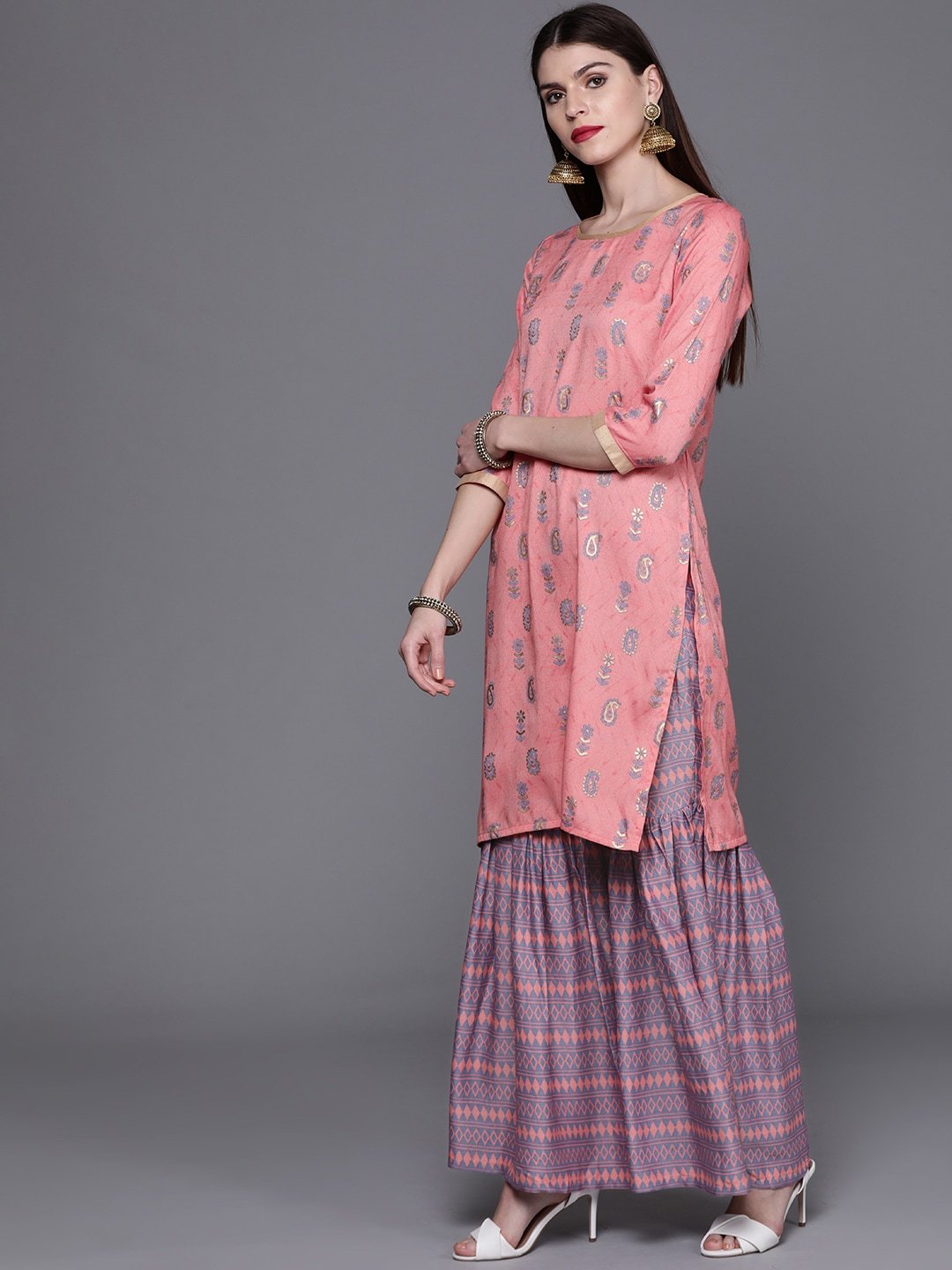 Women's  Pink & Blue Screen Print Kurta with Sharara