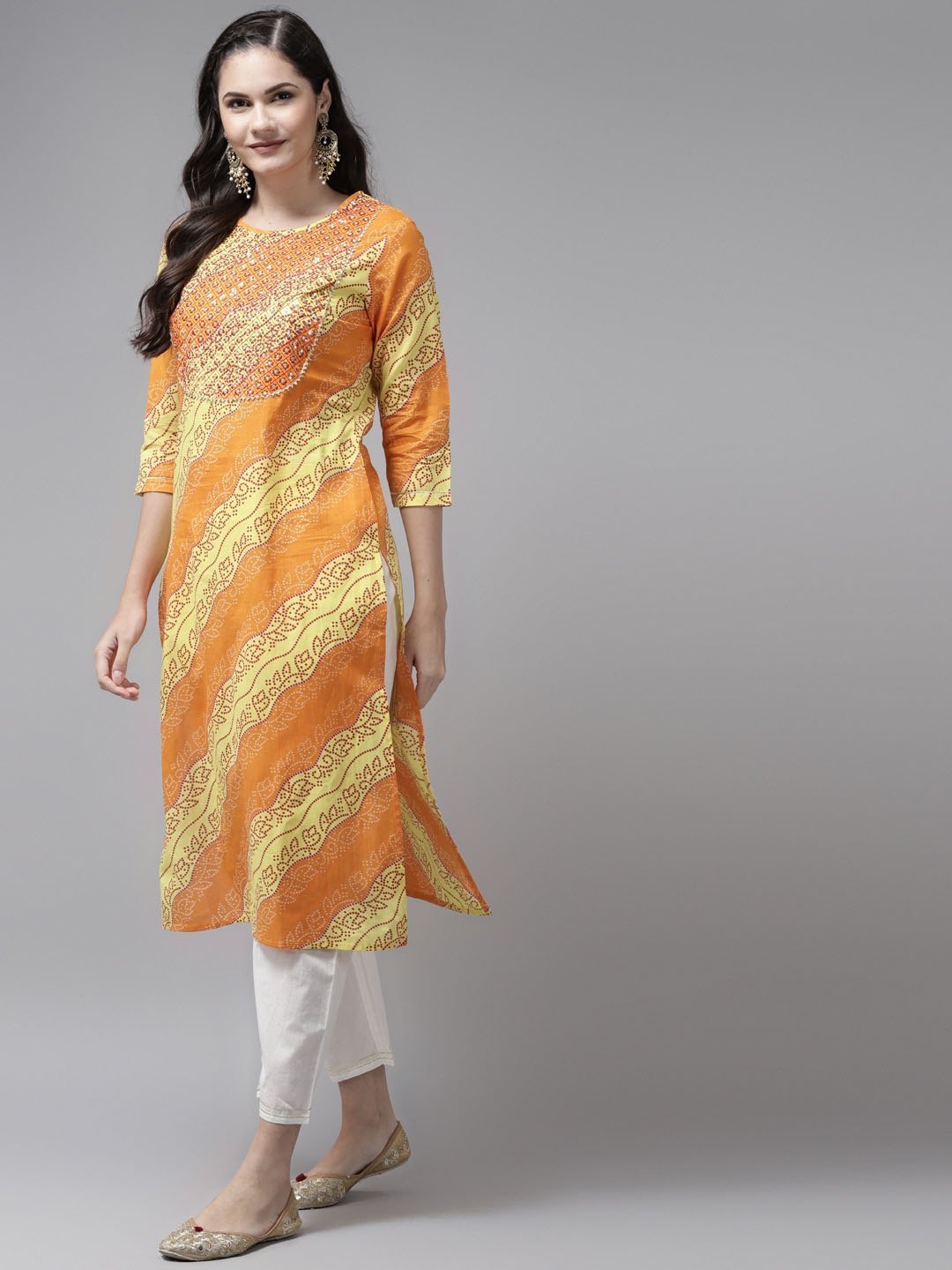 Women's Yellow & White Bandhani Printed Kurta Set