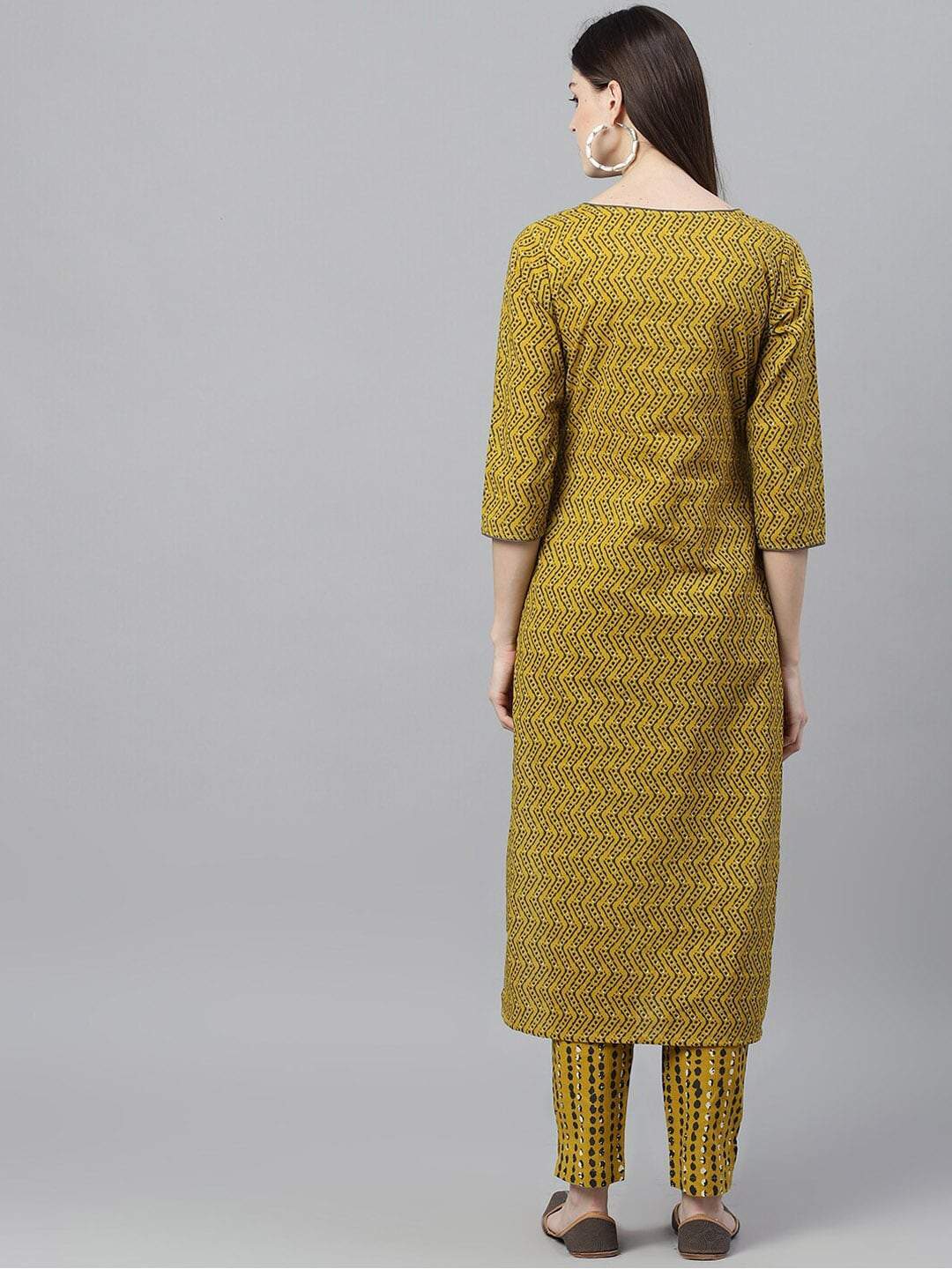 Women's  Mustard & Grey Printed A-Line Kurta
