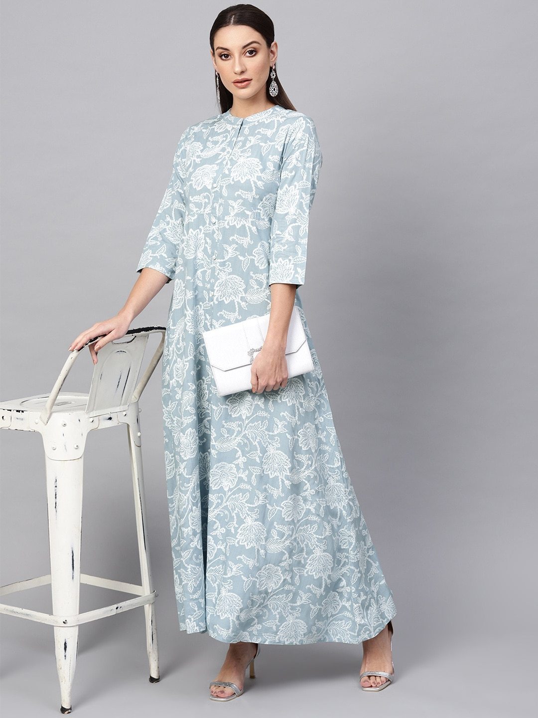 Women's  Blue & White Khari Floral Print Maxi Dress