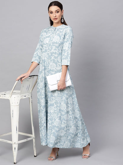 Women's  Blue & White Khari Floral Print Maxi Dress