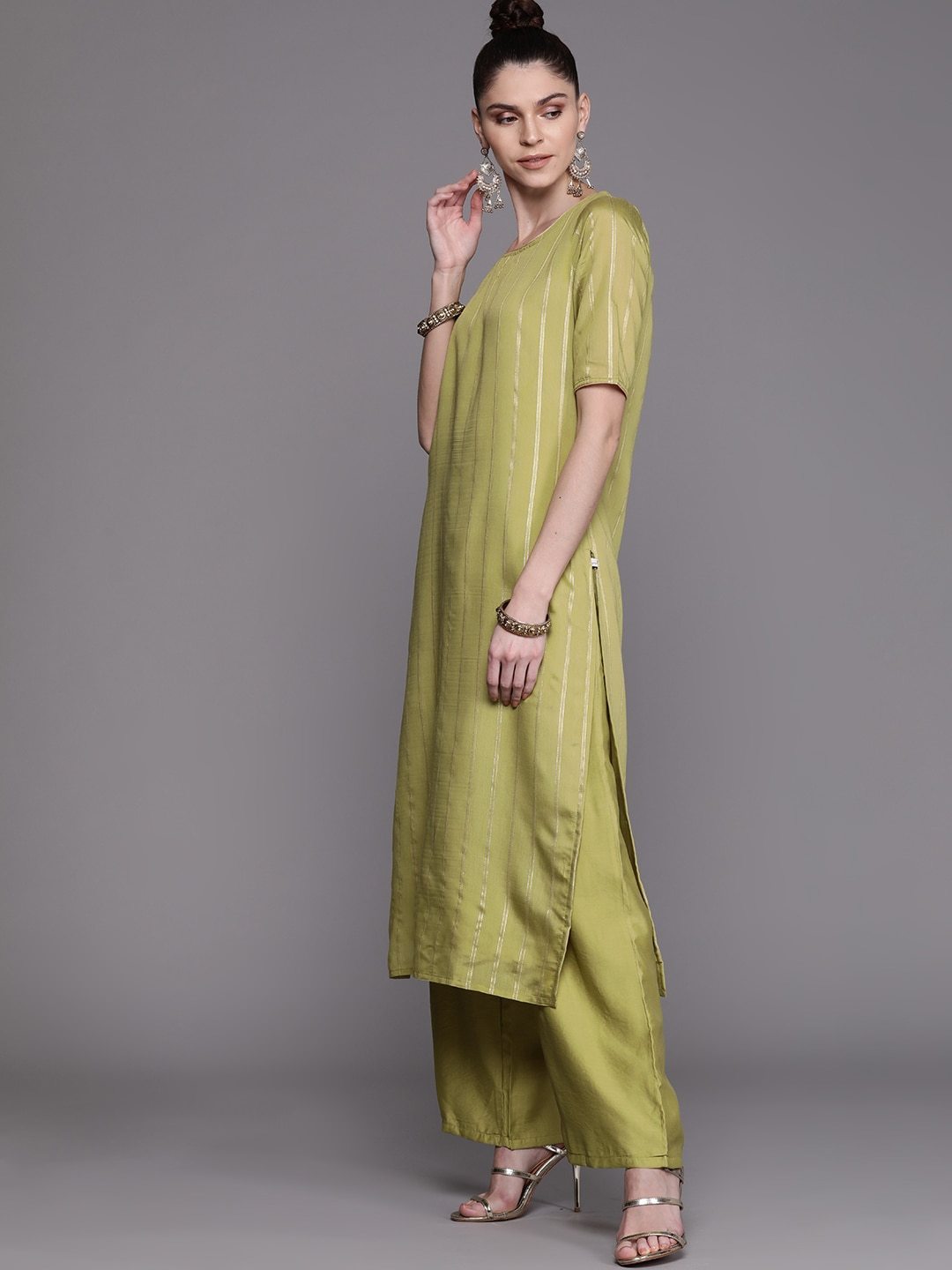 Women's  Olive Green & Golden Striped Kurta with Palazzos & Dupatta