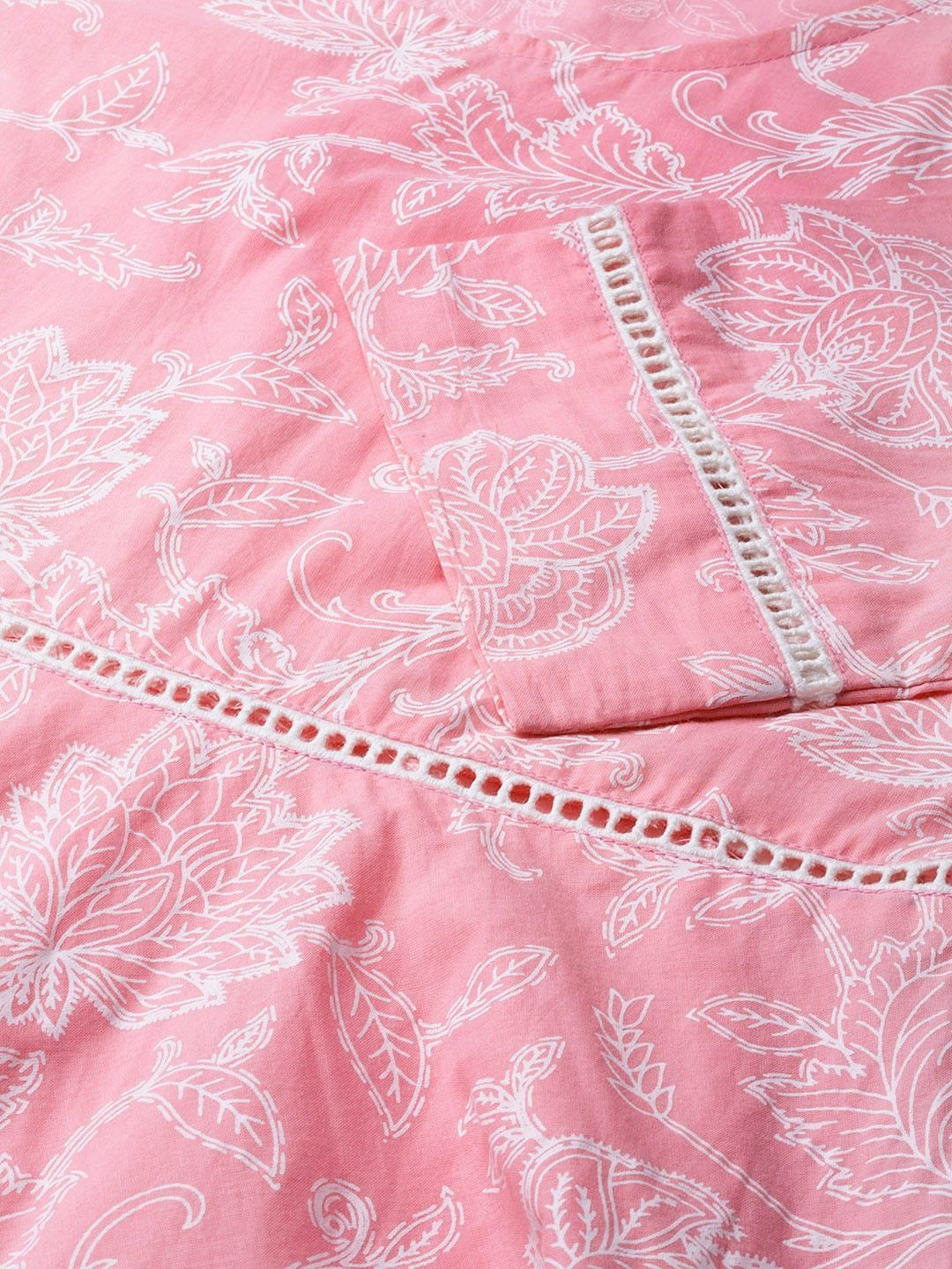 Women's  Pink & White Khari Print Kurta with Trousers & Dupatta