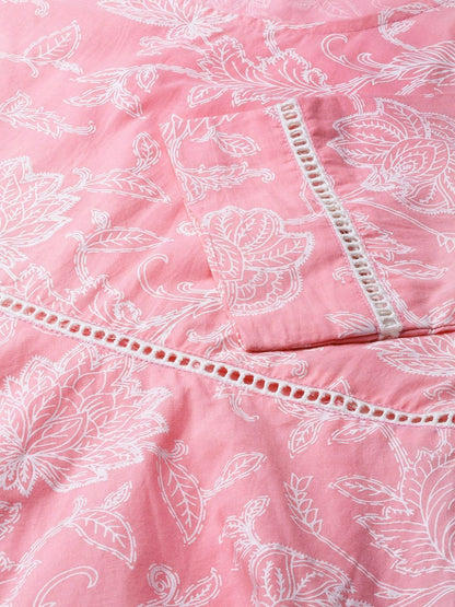 Women's  Pink & White Khari Print Kurta with Trousers & Dupatta