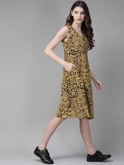 Women's  Yellow Leopard Printed Fit and Flare Dress