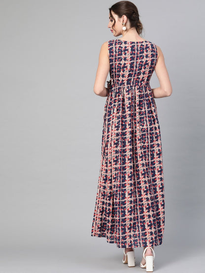 Women's  Navy Blue & Pink Printed Maxi Dress