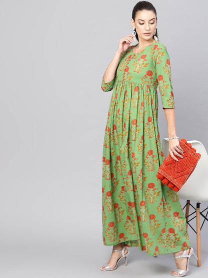 Women's  Green & Orange Floral Print Maxi Dress