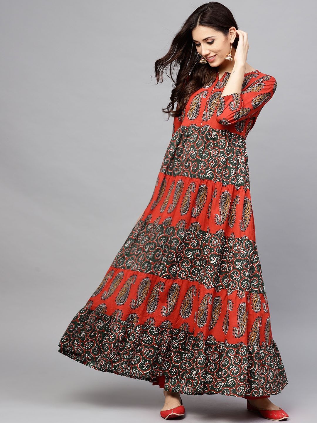 Women's  Rust Orange & Green Printed Tiered Anarkali Kurta