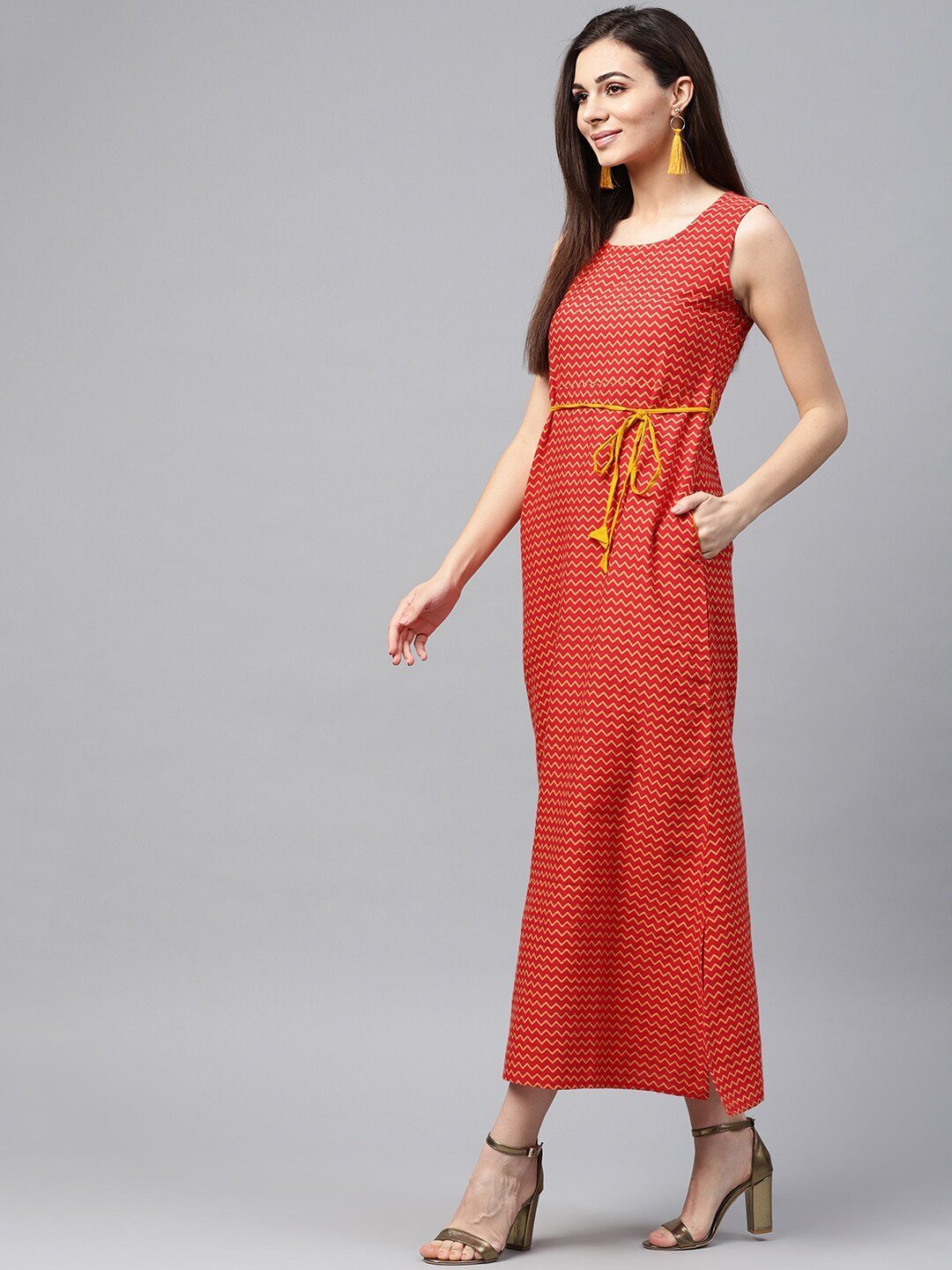 Women's  Red & Mustard Yellow Maxi Dress
