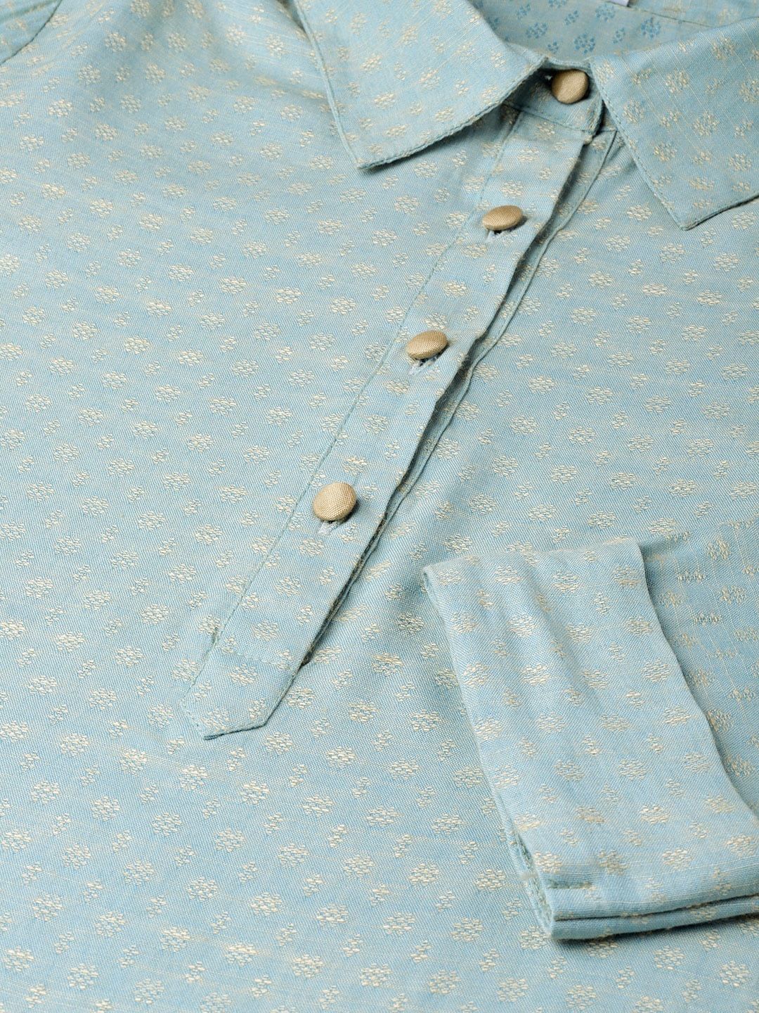 Women's  Blue & Golden Self Design Pathani Kurta