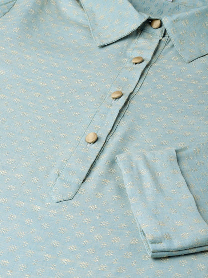 Women's  Blue & Golden Self Design Pathani Kurta