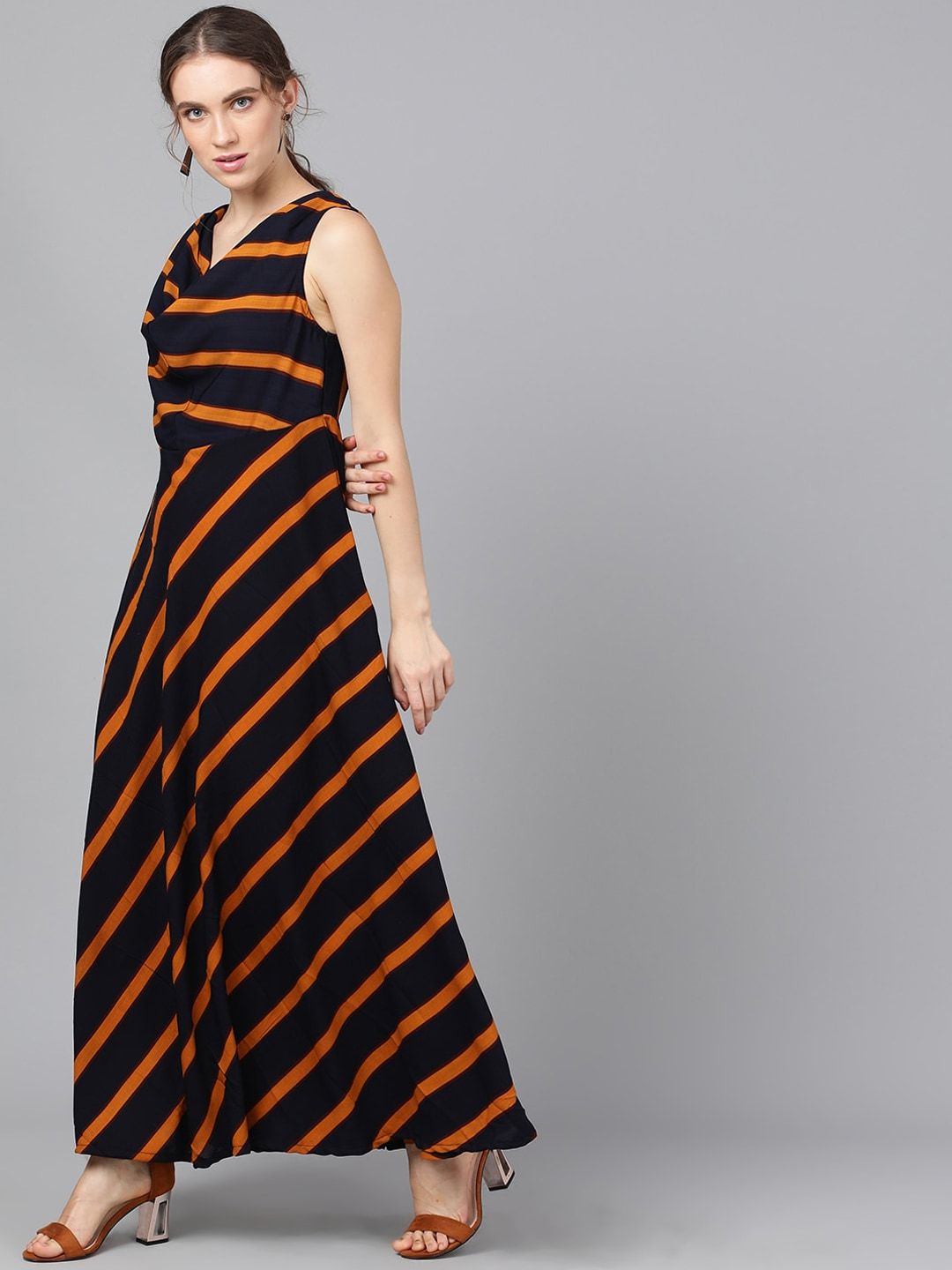Women's  Navy Blue Striped Maxi Dress