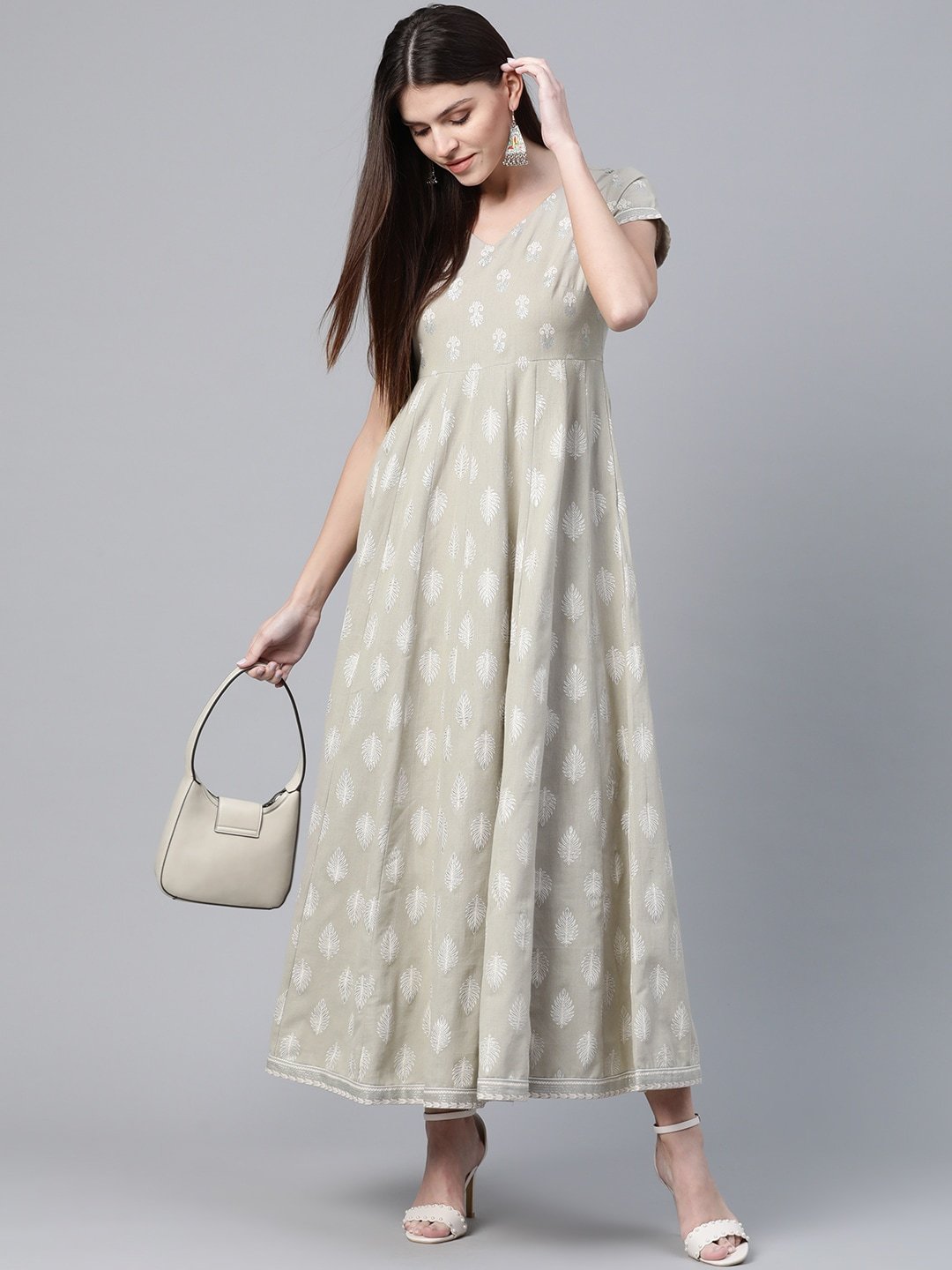 Women's  Taupe & Off White Khari Print Maxi Dress