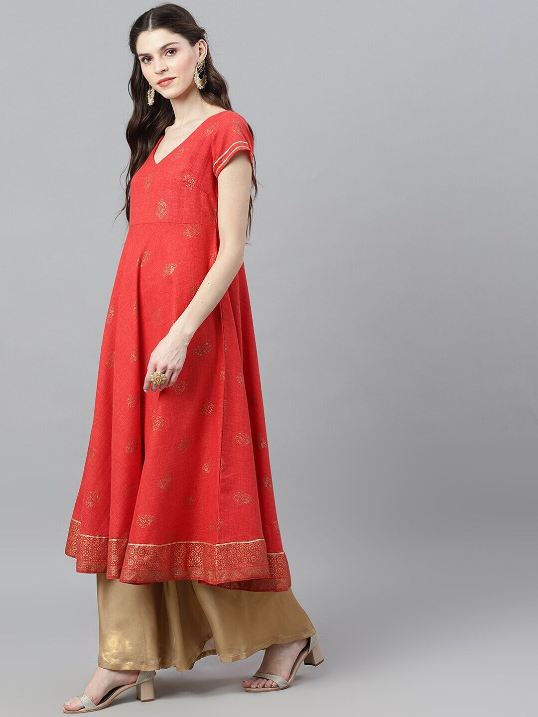 Women's  Red & Gold-Toned Woven Design Anarkali Kurta