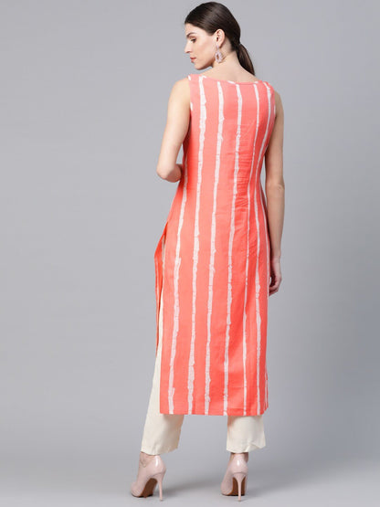 Women's  Coral Pink & White Leheriya Print Straight Kurta