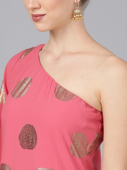Women's  Pink & Gold-Coloured Foil Printed Kurta with Palazzos