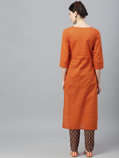 Women's  Orange & Brown Woven Design Straight Kurta