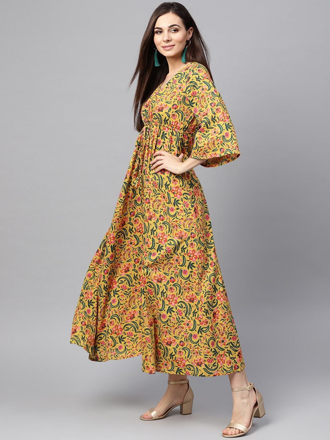 Women's  Mustard Yellow & Green Printed Maxi Dress