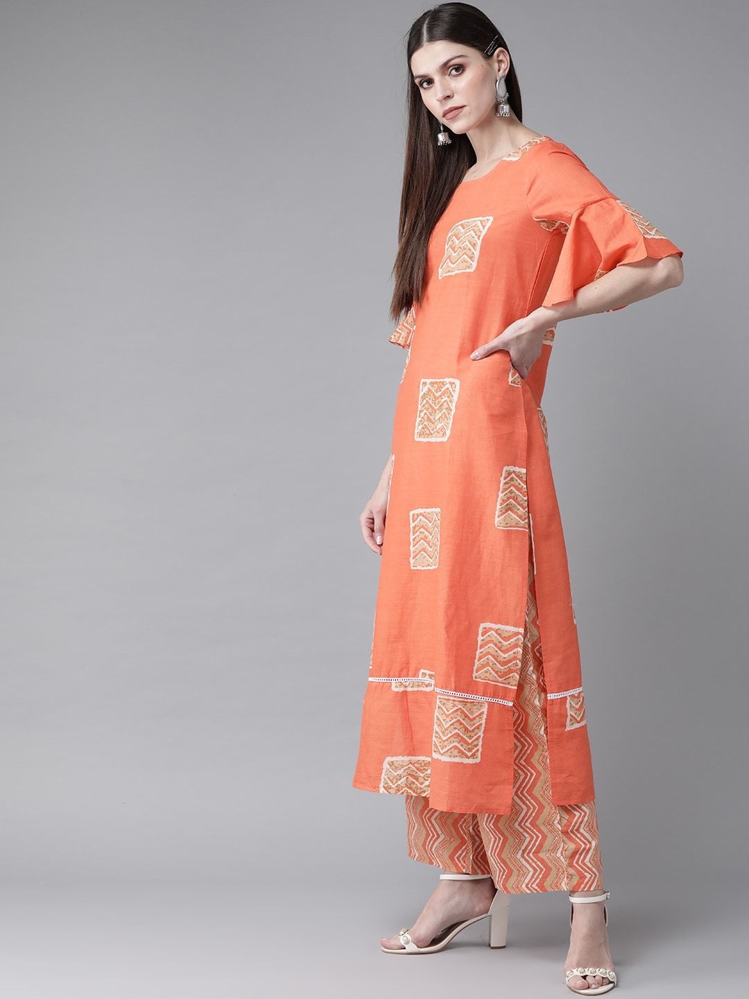 Women's  Orange & Beige Printed Kurta with Palazzos