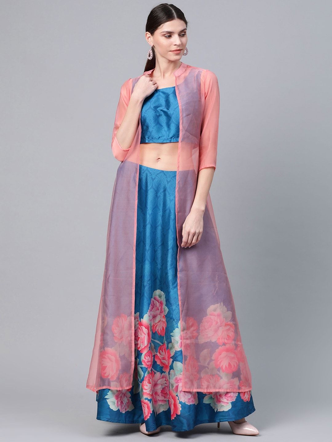 Women's Blue & Pink Floral Print Ready to Wear Lehenga Choli with Ethnic Laye