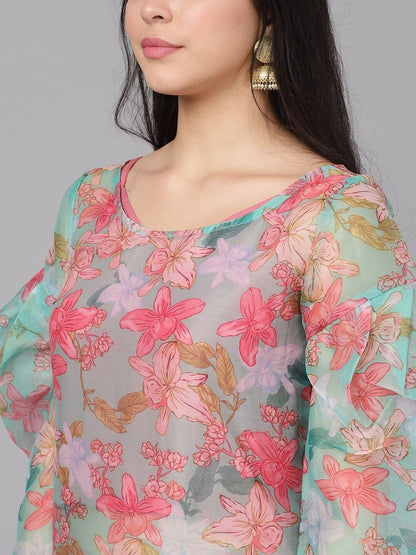 Women's  Pink & Green Printed Kurta with Palazzos