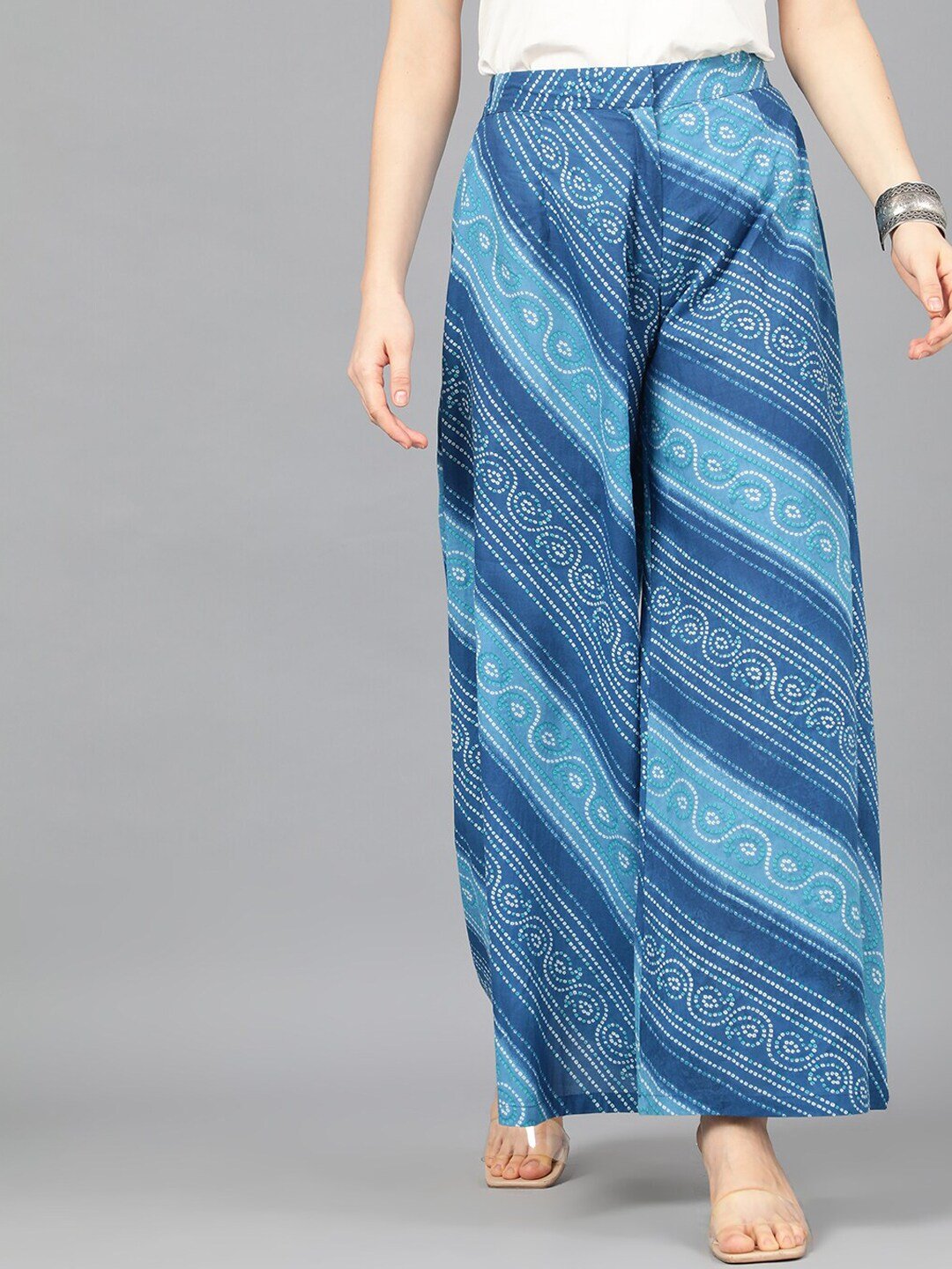 Women's  Blue Leheriya Printed Wide Leg Palazzos