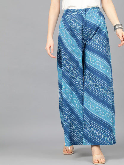 Women's  Blue Leheriya Printed Wide Leg Palazzos