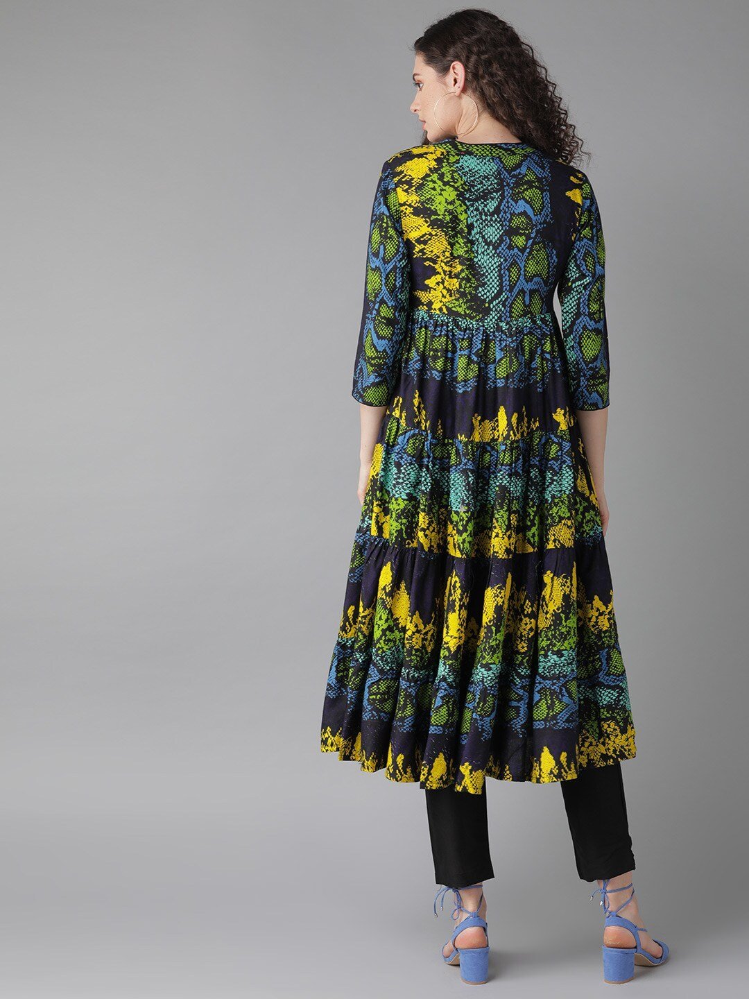 Women's  Navy Blue & Yellow Animal Print Tiered Anarkali Kurta