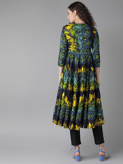 Women's  Navy Blue & Yellow Animal Print Tiered Anarkali Kurta