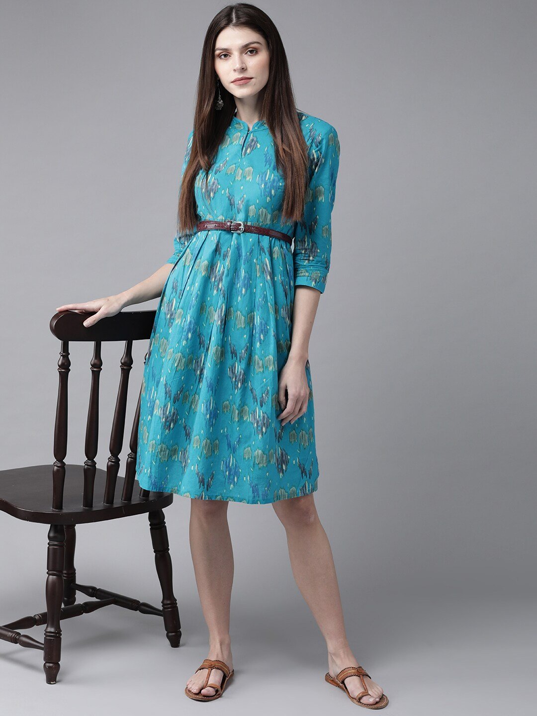 Women's  Blue & Green Printed A-Line Dress