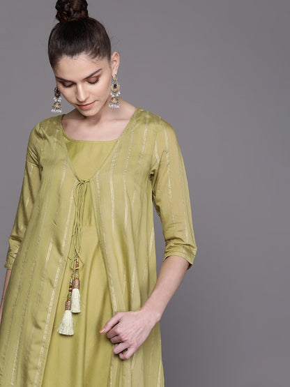 Women's  Olive Green & Golden Striped Layered Maxi Dress