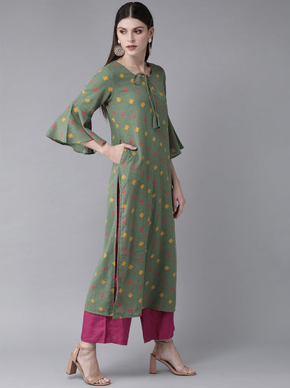 Women's  Green & Yellow Printed Straight Kurta