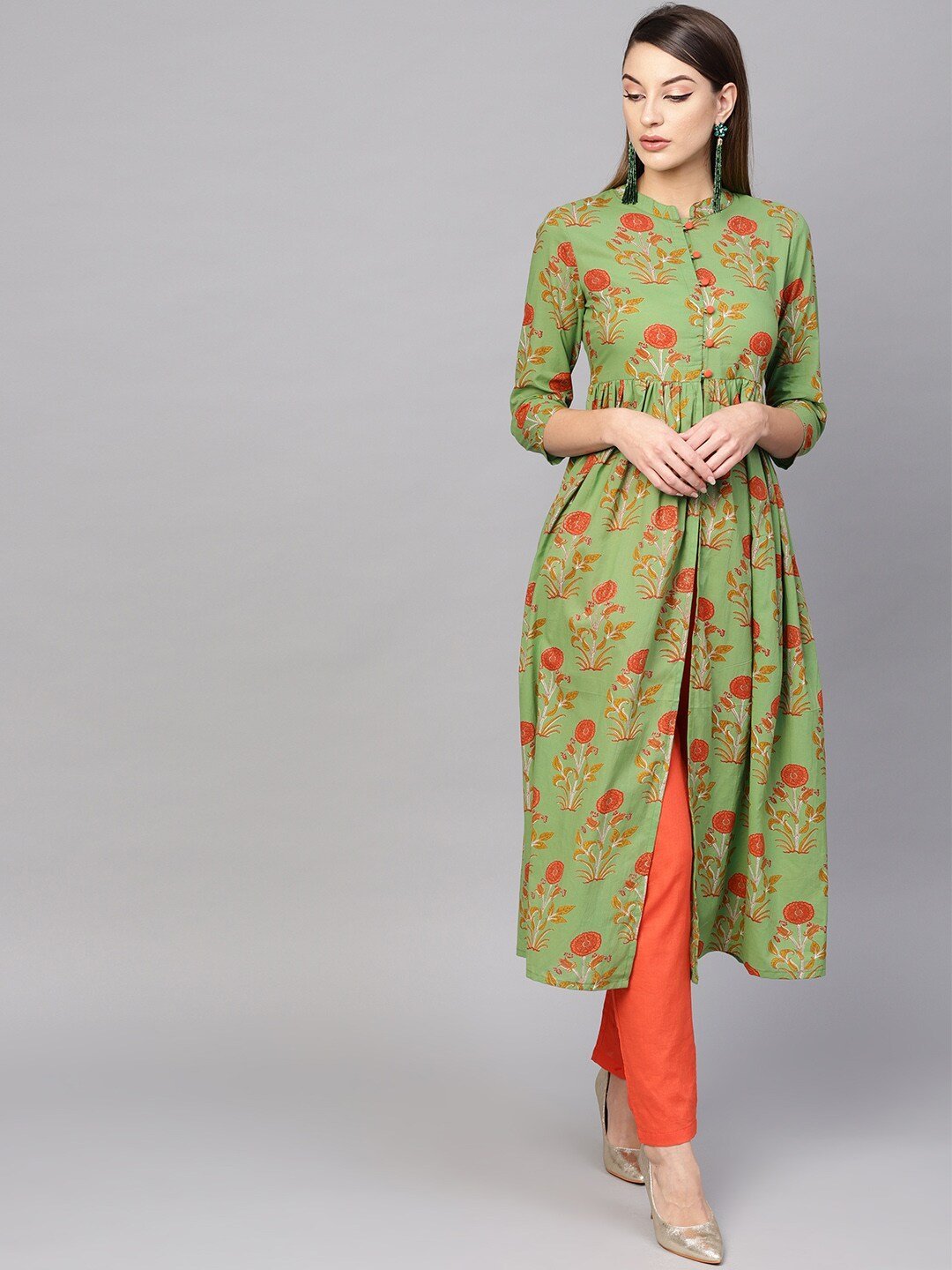 Women's  Green & Orange Printed High-Slit A-Line Kurta