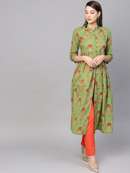 Women's  Green & Orange Printed High-Slit A-Line Kurta