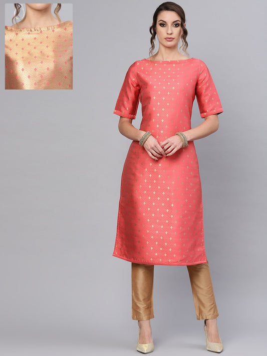Women's  Coral Pink & Golden Reversible Woven Design Straight Kurta